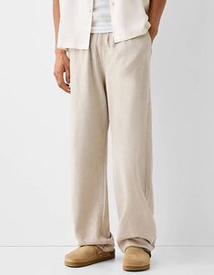 Bershka linen mix wide leg pants in sand | ASOS Flax Wide-leg Pants With Pockets, Baggy Beige Bottoms For Loungewear, Casual Beige Wide Leg Pants, Relaxed Fit Flax Bottoms With Pockets, Baggy Flax Bottoms For Summer, Flax Colored Bottoms With Pockets, Beige Relaxed Fit Pants With Straight Hem, Relaxed Fit Flax Colored Bottoms, Beige Bottoms With Pockets Straight Hem