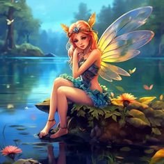 Sparkling diamond painting featuring a magical fairy beside a serene lake. Forest Fairy Aesthetic, Fairy Village, Sitting In A Tree, Beautiful Fairy, Diamond Pen, Fairy Aesthetic, Cute Little Puppies, Fantasy Pictures, Fairy Girl