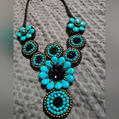 Turquoise Necklace, Bead Embroidered Necklace, Beadwork Necklace, Ethnic Necklace Blue And Black Beads Bohemian Necklace, Adjustable Turquoise Beaded Bib Necklace, Bohemian Turquoise Bib Necklace With Colorful Beads, Bohemian Blue And Black Beaded Necklaces, Bohemian Blue Necklace With Black Beads, Blue Necklaces With Black Beads For Festival, Blue Necklace With Black Beads For Festival, Handmade Turquoise Beads For Festivals, Turquoise Beaded Necklaces With Black Beads For Festival