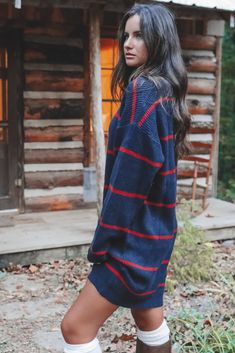 We LOVE an easy Fall wear, especially when it's this cute!! This sweater dress is oversized, cozy, and will look perfect wherever you wear it! Navy and red deep v-neck stripe oversized sweater dress Material is Acrylic Hang to dry Model is 5'7 wearing a small SHOP THE LOOK Small Medium Large Length 33.5" 34.5" 35.5" Bust 22" 23" 24" Oversized V-neck Sweater Dress For Winter, Striped V-neck Sweater For Winter, Striped V-neck Winter Sweater, Striped Sweater For Winter Loungewear, Striped V-neck Sweater For Fall, Striped Sweater For Fall Loungewear, Winter V-neck Sweater Dress For Loungewear, Fall V-neck Sweater Dress For Loungewear, Fall Sweater Dress V-neck For Loungewear