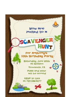 an image of a birthday party card with the words scavenger hunt on it