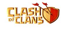 the logo for clash of clans is shown in gold letters and an image of a shield