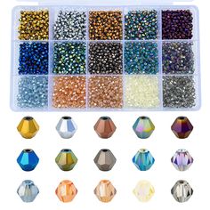 various colors and sizes of beads in a plastic container