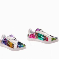 Women’s Wanted White Selena Multi-Color Changing Sequined Sneaker Sporty Low Top Sneaker Vegan Leather With Decorative Mermaid Sequins Round Toe Silhouette Front Lace Up Design Cushioned Insole And Padded Collar Rubber Sole Summer Party Lace-up Sneakers, Trendy Multicolor Sneakers, Trendy Flat Sneakers, Casual White Sneakers For Party, Casual White Party Sneakers, Trendy Party Sneakers With Synthetic Material, Multicolor Sneakers For Spring Party, Colorful Synthetic Sneakers For Spring, Trendy Multicolor Sneakers For Spring