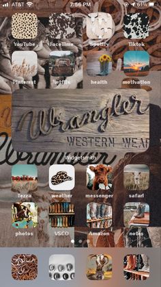 an advertisement for western wear with pictures of animals and other things on it's screen