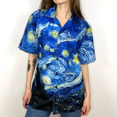 Vincent van Gogh "Starry Night" unisex button up shirt Description: * Featherlight and moisture-wicking material * 65% recycled polyester, 35% polyester * Fabric weight: 2.95 oz/yd² (100 g/m²) * Breathable and moisture-wicking material * Regular fit * UPF50+ protection SHIPPING INFO: Our average shipping time is 4 business days after fulfilment (2-7 days) depending on the order's destination. Shipping speeds by country: * USA, United Kingdom, France, Denmark, Austria, Latvia, Lithuania, Switzerl Starry Night Sweater, Van Gogh Tshirt Design, Van Gogh Sweater, Starry Night Shirt, Van Gogh Tshirt, Vincent Van Gogh Tshirt, Gogh The Starry Night, Math Teacher Shirts, Aesthetic Hoodie