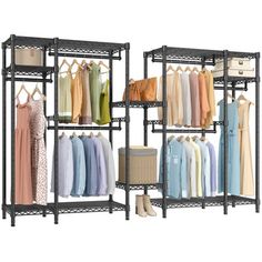 two racks with clothes and shoes hanging on them