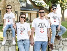 Get ready to set sail in style with these matching family cruise shirts! Whether you're cruising the Caribbean or exploring the Mediterranean, these personalized shirts are the perfect way to make sure your family stands out from the crowd. Featuring a personalized last name that's unique to your family, these shirts are available in a range of sizes to fit everyone from the youngest member of your crew to the oldest. Choose from unisex adult shirts, youth shirts, toddler shirts, and baby bodysu White Crew Neck T-shirt For Family Outings, Customizable Casual Crew T-shirt, White Short Sleeve T-shirt For Family Outings, White Short Sleeve Tops For Family Outings, Casual T-shirt With Custom Print For Family Outings, Personalized Casual T-shirt For Family Reunion, Family Matching Shirt For Family Vacation, Family Matching Crew Neck Shirt For Vacation, White Crew Neck Shirt For Family Vacation