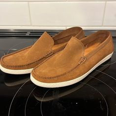 Brown Suede Slip On Shoes Similar To A Moccasin Brand New Besides Being Worn One Time European Size 43 Brown Slip-ons With Rubber Sole And Flat Bottom, Casual Suede Slip-ons With Leather Sole, Casual Suede Slip-on Loafers, Casual Suede Boat Shoes, Brown Suede Moc Toe Slip-ons, Brown Suede Slip-on Boat Shoes, Casual Suede Slip-on Boat Shoes, Brown Suede Loafers With Cushioned Footbed, Casual Suede Loafers With Textured Sole