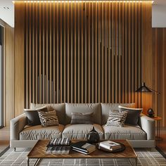 a living room with a couch, coffee table and wooden slats on the wall