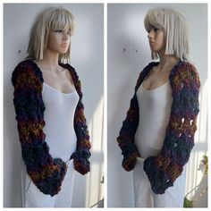 two pictures of a woman wearing a white top and black jacket with multicolored crocheted shawl