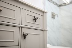 an image of a bathroom setting with white cabinets