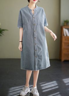 Italian Blue Grey Stand Collar Striped Denim Shirt Dress SummerFabric: Denim FabricSize & Fit: Fit: This garment fits true to size.Length: Size M measures 40.56"from shoulder to hemBust: Great for any cup size. Waist: Loose Fit. Comfortable room throughout midsection.Hip: Loose Fit - room for hips. Hand Wash Cold. Fall Tunics, Mens Fashion Country, Italian Blue, Striped Denim, Shirt Dress Summer, Plaid Blouse, Denim Shirt Dress, Comfortable Room, Yellow Plaid