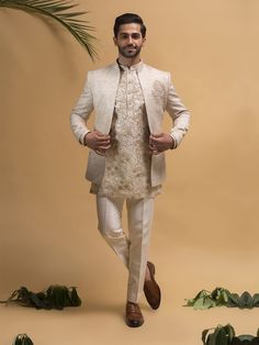 Custom Made Cream Color Jodhpuri suit for Men with organza Heavy Emroidered Kurta Inside  That Will Enrich Your Wardrobe & Make you Feel awesome When You Wear This suit. This blazer Comes With A Trouser.& a Kurta Inside.This is a must have in your wedding ceremony for groom or groomsmen.wear it in wedding or reception dress,sangeet or engagement this will enrich your look COST INCLUDES JODHPURI ,KURTA & TROUSERS Wedding Bandhgala With Gota Work And Traditional Drape, Wedding Bandhgala With Gota Work, Unstitched Gota Work Sherwani For Wedding, Eid Naqshi Nehru Jacket For Groom, Wedding Nehru Jacket With Gota Work For Eid, Eid Wedding Nehru Jacket With Gota Work, Wedding Eid Nehru Jacket With Gota Work, Wedding Bandhgala With Gota Work For Diwali, Wedding Nehru Jacket With Gota Work