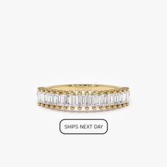 Diamond Ring / 14k Baguette Diamond Ring in Half Eternity / Stackable Ring / Baguette Diamond Wedding Band by Ferkos Fine Jewelry ▶ Item Details  * Made to Order  * Gold Kt: 14K (also available in 18K)  * Available Gold Colors: Rose Gold, Yellow Gold, White Gold  * Baguette Diamonds: 15 pcs 2.3 x 1.5  * Diamond Carat Weight: 0.35 ctw  * Baguette Diamond Color-Clarity: G Color VS Clarity   Introducing our stunning Baguette Diamond Half Eternity Ring - a perfect symbol of timeless elegance and everlasting love. This exquisite ring features 15 carefully chosen baguette-cut diamonds with a total weight of 0.30 carats (ctw). The sleek and slender design of the ring highlights each diamond's natural brilliance and clarity, while the half-eternity setting adds an extra touch of sophistication. Cr Fine Jewelry Emerald Cut Baguette Diamond Eternity Band, Eternity Band With Baguette Cut Diamonds For Promise Ring, Yellow Gold Eternity Band With Baguette Diamonds, Timeless Baguette Diamond Eternity Band For Anniversary, Baguette Cut Diamond Eternity Band For Promise Ring, Timeless Baguette Cut Half Eternity Diamond Ring, Channel Set Baguette Rings For Anniversary, Baguette Channel Set Rings For Anniversary, Elegant Round Eternity Band With Baguette Diamonds