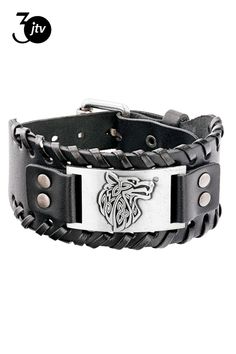 Artisan Collection of Ireland��� Silver-Tone and Black Leather Men's Viking Wolf 8" to 10" Bracelet. Measures Approximately 1.5"W. Buckle Clasp Closure. Vintage Black Leather Bracelet, Gothic Adjustable Leather Bracelet, Adjustable Black Viking Bracelet, Handmade Viking Style Black Bracelet, Handmade Black Band Bracelet, Wolf Bracelet, Viking Wolf, Leather Men, Vikings