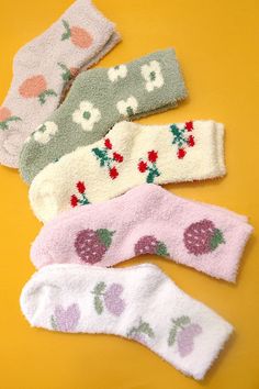 These soft fluffy socks are designed to provide maximum comfort, with a soft and fluffy material that feels gentle against your skin. Made from soft coral fleece material, these socks offer luxurious comfort with a playful twist. Adorned with charming fruit and flower designs. The socks are also designed to be lightweight and flexible, which allows you to move your feet freely without feeling constrained. You can wear with PJ or lounge wear. One Size Fits Allyarn: coral fleecematerial: polyester Aesthetic Fuzzy Socks, Cozy Soft Socks For Spring, Fussy Socks, Cute Socks Aesthetic, Cute Fuzzy Socks, Pr Boxes, Pretty Socks, Socks Aesthetic, Bday List