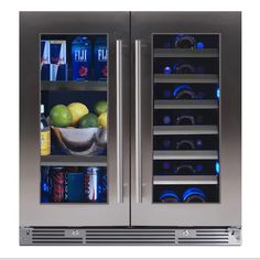 two stainless steel refrigerators with their doors open