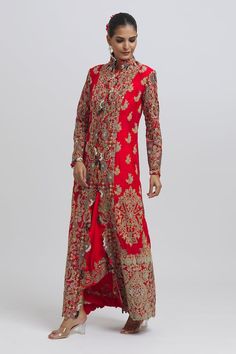 Red longline jacket style kurta with multi colored embroidery. Comes with embroidered hem draped skirt and inner bustier. - Aza Fashions Wedding Red Bandhgala With Long Sleeves, Red Long Sleeve Sherwani For Formal Occasions, Red Long Sleeve Sherwani For Wedding, Red Formal Long-sleeve Sherwani, Red Long Sleeve Formal Sherwani, Formal Red Long Sleeve Sherwani, Red Long Sleeve Sherwani With Resham Embroidery, Red Sherwani For Festive Occasions, Long Sleeve Red Nehru Jacket For Wedding