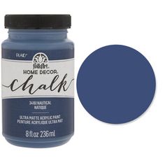 a bottle of blue acrylic paint with the words home decor chalk on it