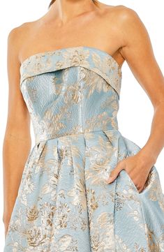 Mac Duggal Strapless Brocade Midi Cocktail Dress | Nordstrom High Neckline Dress, Midi Dress With Pockets, Prom Midi Dress, Pacific Islander, Brocade Dress, Brocade Dresses, Bride Groom Dress, Strapless Neckline, Western Chic