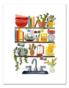 a watercolor painting of kitchen items on shelves with plants and utensils in them