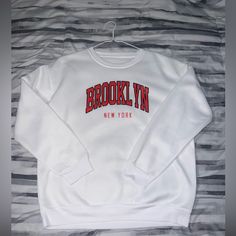 Never Worn Women’s Brooklyn New York Sweatshirt. 100% Polyester. Size Large. New York Sweatshirt, Tops Shein, Red Sweatshirt, Brooklyn New York, Shein Tops, Brooklyn, Red White, Womens Tops, Sweatshirts Hoodie