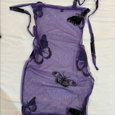 The Coolest Dress I Have Purchased. Never Worn. Perfect For A Rave Or Music Festival And So Unique Too. No One Has This. The Detailing On The Butterflies Is Stunning. And The Mesh Is Stretchy. You Can Even Wear This As A Swimsuit Coverup! Has Straps To Tie Behind Your Neck Or However You Would Like! Size Small. Purple Butterfly Outfit, Butterflycore Outfit, Goblin Core Fashion, Purple Rave Outfit, Music Festival Outfits Rave, Nocturnal Wonderland, Purple Costume, Mesh Outfit, Butterfly Clothes