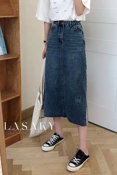 Lasaky - Contemporary Korean Open-Split Denim Midi Skirt Spring Denim Bottoms With Side Slits, Spring Skirt With Side Slits And Split Hem, Spring Bottoms With Pockets And Split Shape, Spring Split Bottoms With Pockets, Trendy Spring Bottoms With Split Hem, Casual High Waist Skirt With Side Slits, Non-stretch Split Hem Bottoms For Spring, High Rise Bottoms With Side Slits For Spring, Trendy Split Hem Summer Skirt