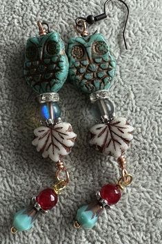 Czech glass Fall Owls Earrings With Leaf Charms earrings  | eBay Handmade Costume Drop Earrings, Turquoise Costume Jewelry Earrings For Gift, Whimsical Handmade Turquoise Earrings, Handmade Red Costume Jewelry Earrings, Handmade Costume Jewelry Earrings For Jewelry Making, Dangle Costume Jewelry Earrings, Costume Jewelry Dangle Earrings For Gift, Dangle Costume Jewelry Earrings For Gift, Handmade Dangle Clip-on Earrings For Jewelry Making