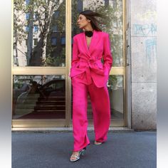 Brand New. Wide Leg Pants With Darts. Side Pockets. Blazer With Lapel Collar.Belted With Front Single Tonal Lined Button. Runs Large Can Fit As Size M Also. The Label Says S Pink Suit Outfit Women, Blazer And Wide Leg Pants, Zara Set, Pink Suit, Zara Jackets, Lapel Collar, The Label, Blazer Suit, Leg Pants