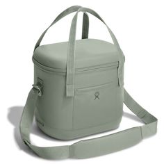 a green lunch bag with strap around it