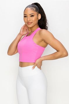 Featuring a high neckline and a strappy open back, this longline sports bra is perfect for any type of workout and you'll be fully supported with style. Best part, the inner lining is all mesh with two removable pads for your comfort. Strappy X back detail High neckline Matte fabric detail Two removable cups with mesh lining Longline hem for comfort and tummy control during workouts Moisture wicking fabric 75% Nylon, 25% Spandex Lining: 80% Nylon, 20% Spandex Imported Model StatsHEIGHT: 5'9" BUS Athleisure Stretch Halter Top With Built-in Bra, Sporty Activewear With Built-in Bra And Halter Neck, Workout Halter Crop Top With Built-in Bra, Stretch T-back Halter Top For Gym, Sporty T-back Crop Top For Workout, Sporty Sleeveless Halter Top With Built-in Bra, Sleeveless Crop Top With Built-in Bra For Training, Pink Spring Activewear With Built-in Bra, Pink Crop Top With Built-in Bra And High Stretch