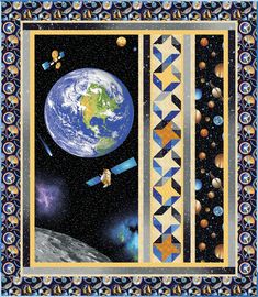 the earth is surrounded by space and stars, with an intricate border around it to create a quilt