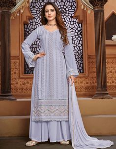 Light Blue Palazzo style Dress Faux Georgette Salwar Kameez in Embroidery, Foil Mirror & Lace Work:Arabic Attire Georgette Suit Designs, White Salwar Suit, Palazzo Dress, Georgette Suit, Bottom Heavy, Palazzo Style, Salwar Dress, Eid Outfits, Georgette Tops