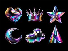 six shiny objects are arranged in the shape of hearts, stars, and crescents