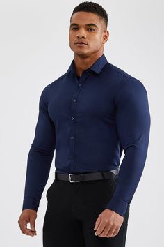 Essential Dress Shirt in Navy - TAILORED ATHLETE Homecoming Boys Outfits, Formal Shirt Design, Navy Blue Dress Shirt, Outfits Con Camisa, Navy Shirt Dress, Bigger Arms, Shirt Dress Outfit, Dress Suits For Men, Navy Outfit