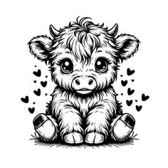 a black and white drawing of a baby cow sitting on the ground with hearts around it