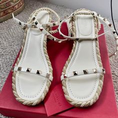 Brand New, Never Worn Luxury Round Toe Heels For Vacation, Luxury Heels With Round Toe For Vacation, Designer White Flat Heels, Luxury White Flat Heels, Designer Round Toe Heels For Vacation, Valentino Studded Heels, Valentino Shoes, Womens Shoes Wedges, Shoes Color