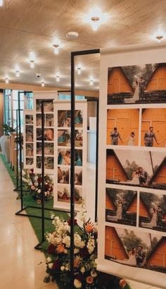 an indoor tennis court is decorated with flowers and pictures on the wall, as well as several rows of shelvings