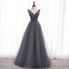 Grey Prom Dress Long, Grey Prom Dress, Formal Prom Dresses Long, Dress With Corset, Belle Silhouette, Floor Length Prom Dresses, Beaded Tulle, فستان سهرة, Maxi Robes