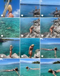 multiple pictures of people swimming in the ocean with rocks and water around them, including one woman