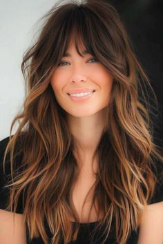 30 Beautiful Long Layered Hair with Bangs Ideas - The Hairstyle Edit Hair Fringes For Long Hair, Choppy Ends Haircut Medium, Brown Hair With Caramel Highlights Bangs, Long Layered Hair Styles With Bangs, Kate Middleton Curtain Bangs, Long Hair With Layers And Fringe, Long Wavy Hair With Side Bangs, Piecy Bangs With Long Hair, Wolf Bangs Long Hair