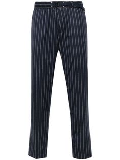 navy blue twill weave pinstripe pattern slide-buckle fastening front zip fastening elasticated waistband two diagonal pockets to the sides rear flap pocket rear welt pocket tapered leg Pinstripe Tapered Leg Dress Pants With Welt Pockets, Pinstripe Tapered Leg Business Casual Pants, Pinstripe Tapered Leg Pants With Welt Pockets, Pinstripe Pants With Welt Pockets And Tapered Leg, Pinstripe Trousers With Welt Pockets, Pinstripe Business Casual Pants With Pockets, Pinstripe Pants For Business Casual With Pockets, Blue Pants Men, Navy Blue Pants