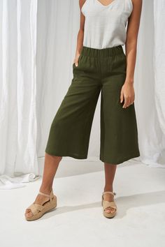 "One of the most stylish and versatile clothing pieces - wide and sweeping linen culottes. Tailored from Lithuanian softened linen fabric they make a great clothing piece for the office, effectively creates a stunning evening look as well. Design features an elastic waistband and side pockets that add a touch of elegance and comfort to even the simplest outfits. FABRIC: 100% softened Lithuanian linen COLOR: Please choose the desired color from the side menu. STYLE: Softened linen culotte pants w Linen Culottes, Well Design, Linen Wide Leg Pants, Natural Linen Dress, Versatile Clothing, Pants For Woman, Pants Linen, Culotte Pants, Clothing Pieces