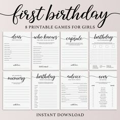 the printable birthday game for girls is shown in black and white with calligraphy