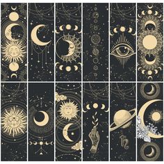 nine different phases of the sun and moon in black and white, with gold accents