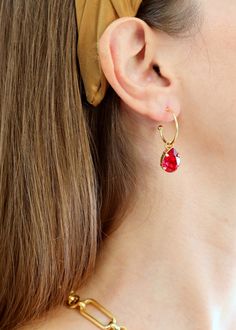 Ruby Red Earrings Hoop Earrings Red Gold Hoop Earrings Gift | Etsy Earrings Boho Chic, Golden Earrings, Earrings Hoop, Earrings Red, Red Earrings, Emerald Earrings, Crystal Drop Earrings, Red Crystals, Crystal Drop