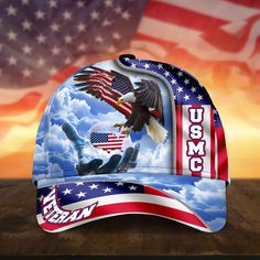 a hat with an eagle and the american flag on it is sitting on a table