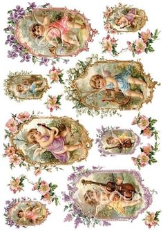 several pictures of cherubs with flowers on them